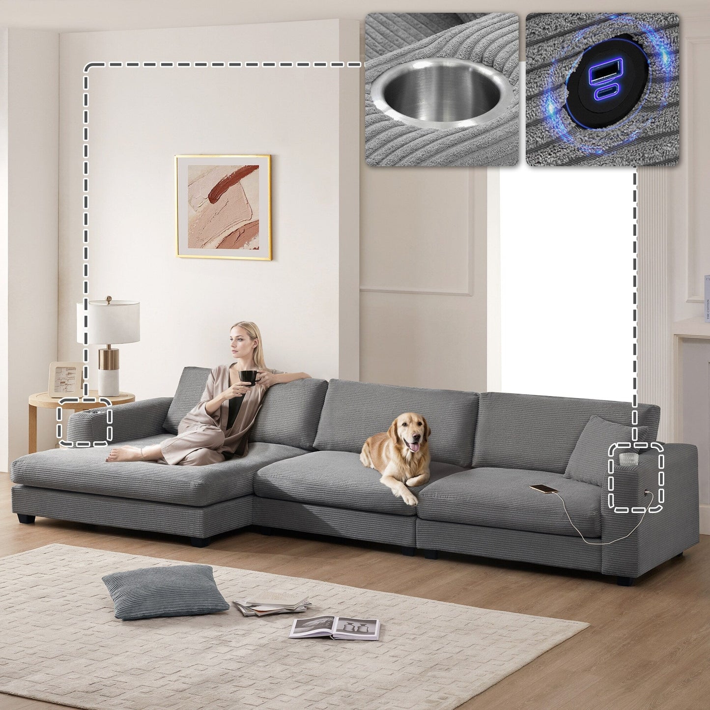 Canapé sectionnel en velours côtelé, canapé nuage en L avec port de chargement USB, porte-gobelet, canapé-lit à assise profonde avec méridienne de 50 cm