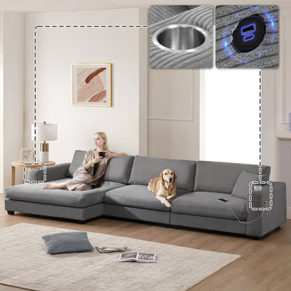 Canapé sectionnel en velours côtelé, canapé nuage en L avec port de chargement USB, porte-gobelet, canapé-lit à assise profonde avec méridienne de 50 cm