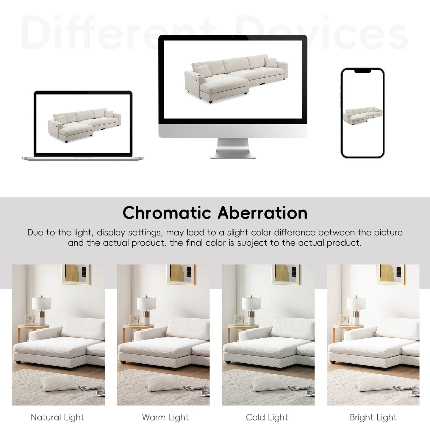 Canapé sectionnel en velours côtelé, canapé nuage en L avec port de chargement USB, porte-gobelet, canapé-lit à assise profonde avec méridienne de 50 cm