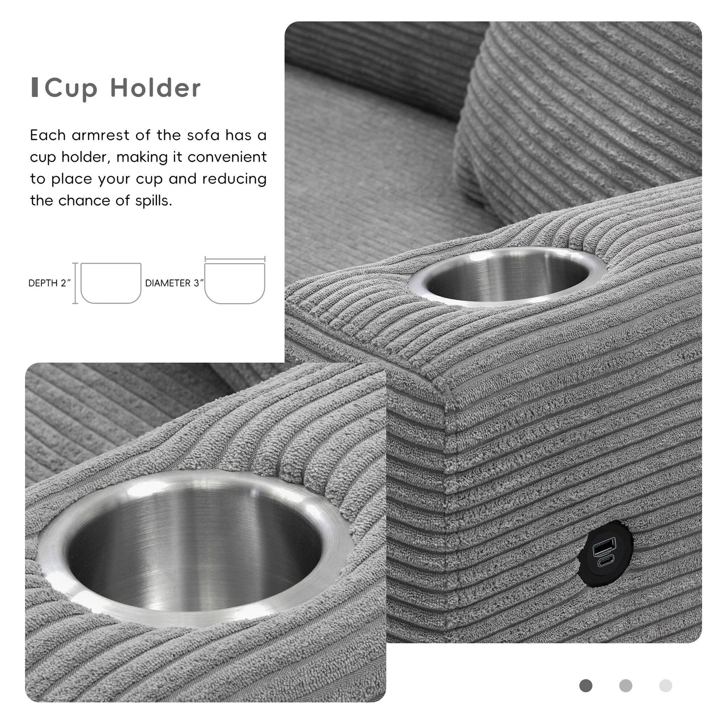 Canapé sectionnel en velours côtelé, canapé nuage en L avec port de chargement USB, porte-gobelet, canapé-lit à assise profonde avec méridienne de 50 cm