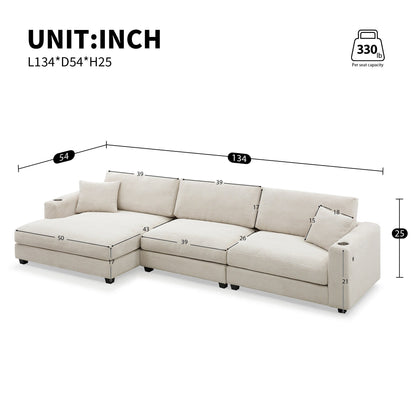 Canapé sectionnel en velours côtelé, canapé nuage en L avec port de chargement USB, porte-gobelet, canapé-lit à assise profonde avec méridienne de 50 cm