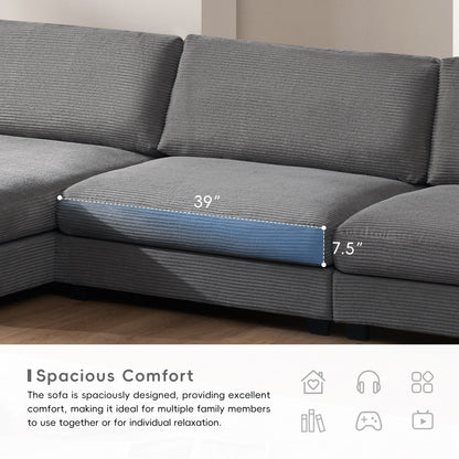 Canapé sectionnel en velours côtelé, canapé nuage en L avec port de chargement USB, porte-gobelet, canapé-lit à assise profonde avec méridienne de 50 cm