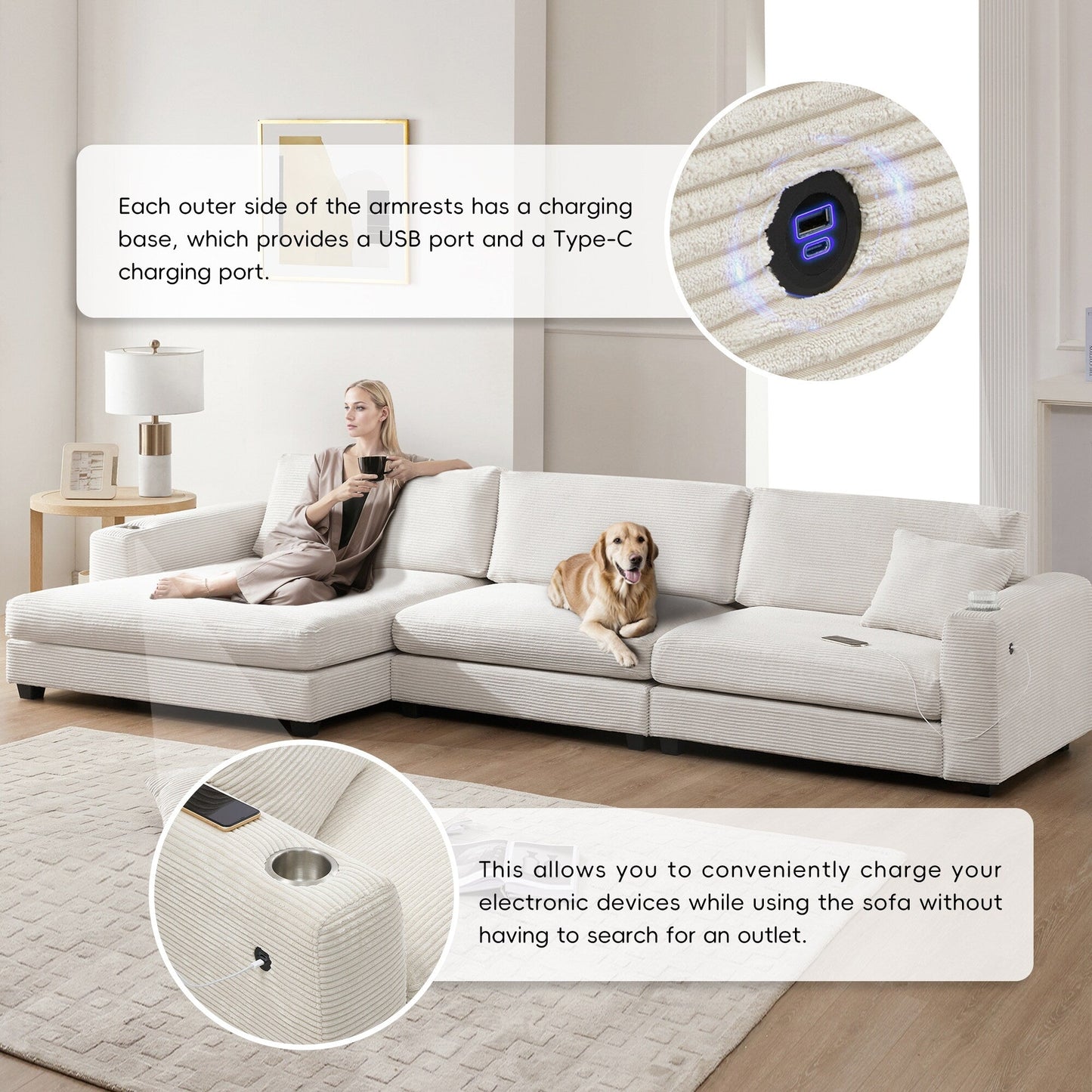 Canapé sectionnel en velours côtelé, canapé nuage en L avec port de chargement USB, porte-gobelet, canapé-lit à assise profonde avec méridienne de 50 cm