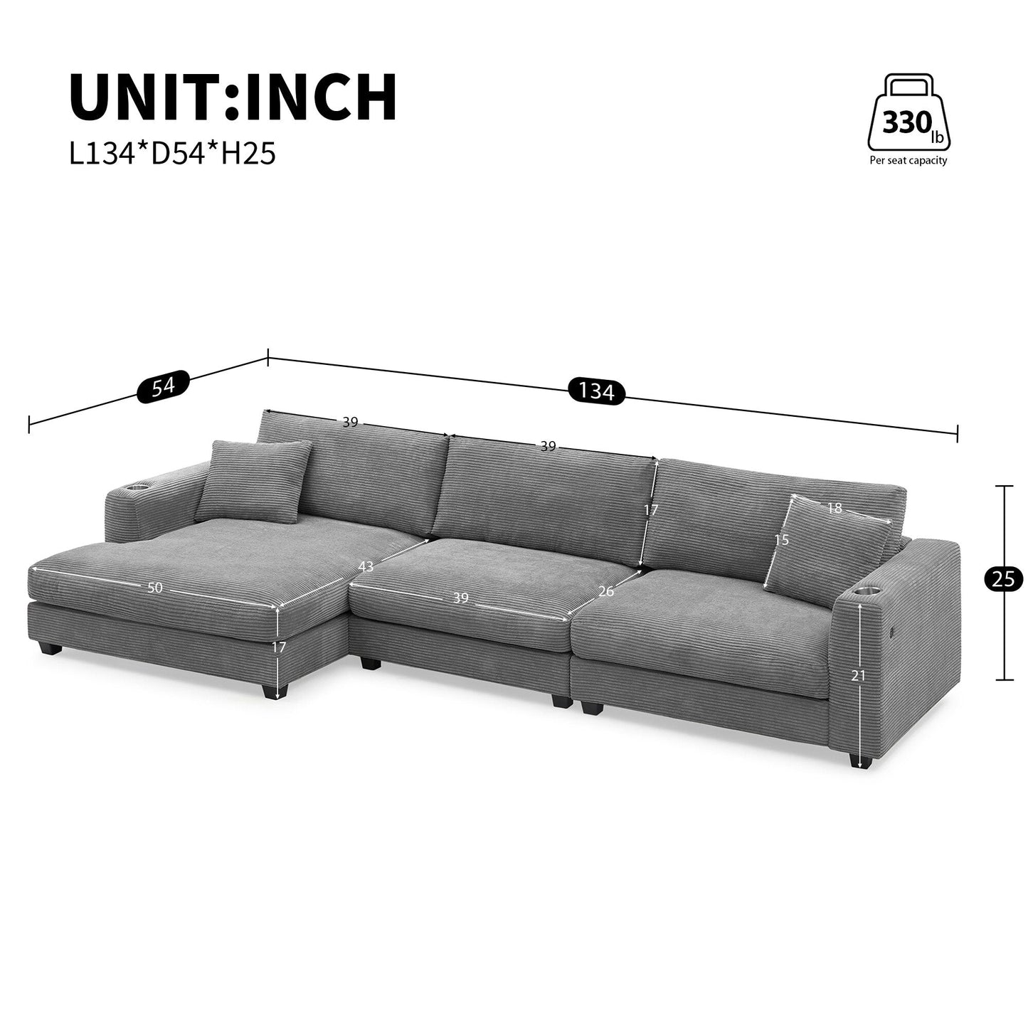 Canapé sectionnel en velours côtelé, canapé nuage en L avec port de chargement USB, porte-gobelet, canapé-lit à assise profonde avec méridienne de 50 cm