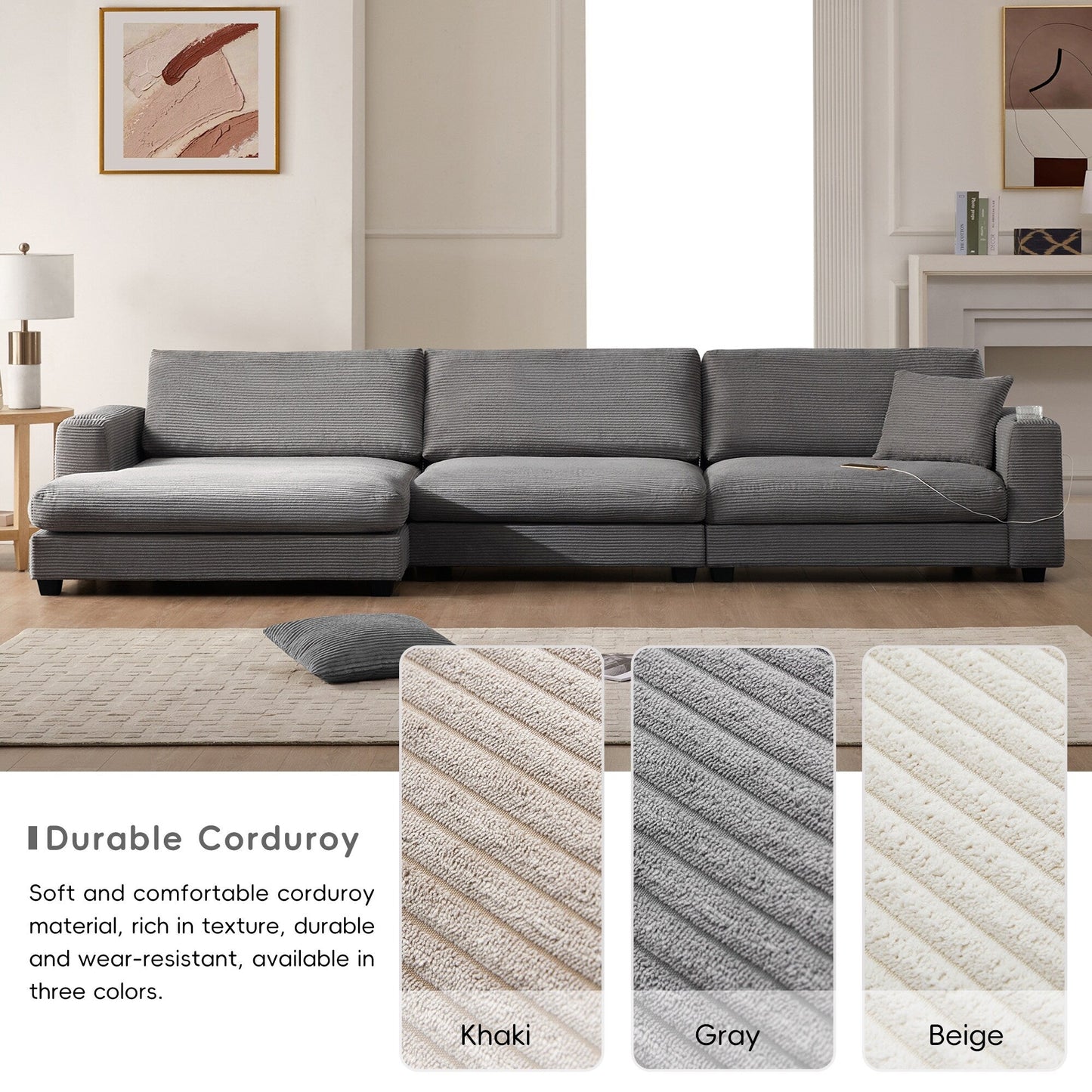 Canapé sectionnel en velours côtelé, canapé nuage en L avec port de chargement USB, porte-gobelet, canapé-lit à assise profonde avec méridienne de 50 cm