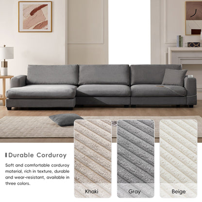 Canapé sectionnel en velours côtelé, canapé nuage en L avec port de chargement USB, porte-gobelet, canapé-lit à assise profonde avec méridienne de 50 cm