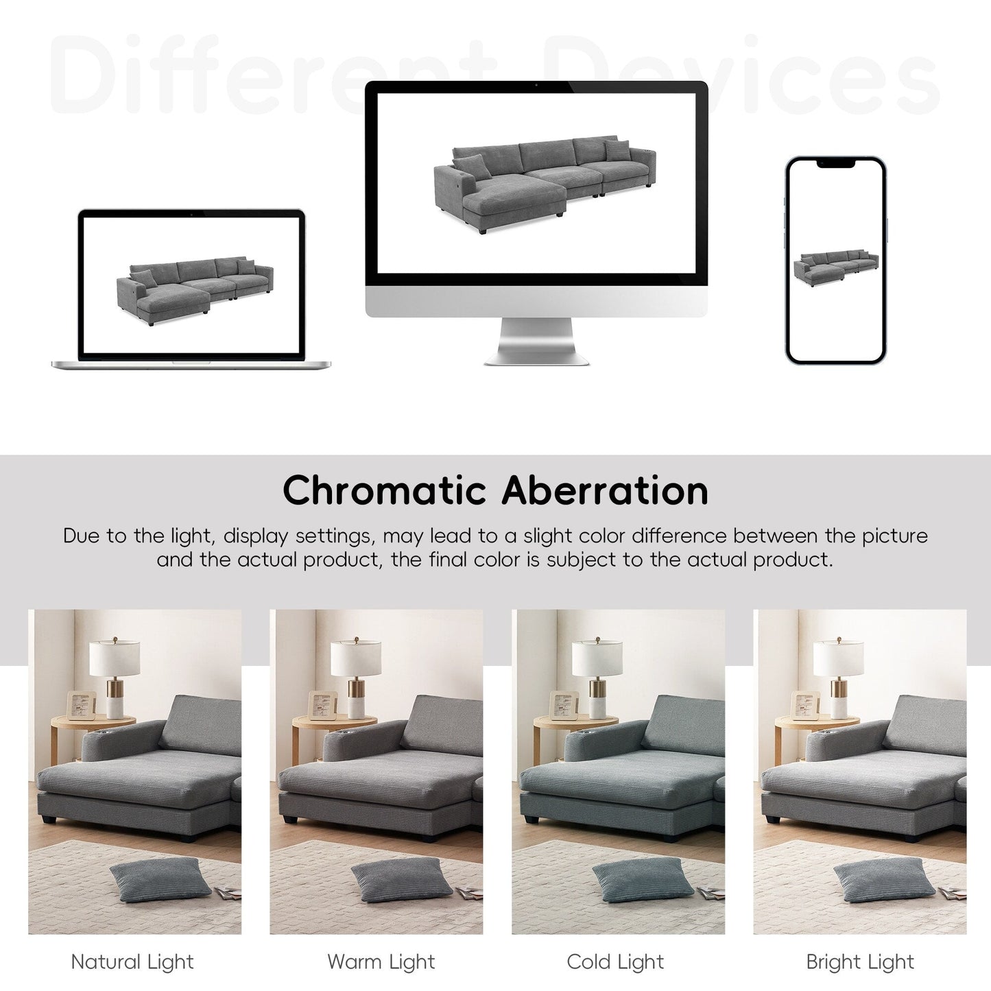 Canapé sectionnel en velours côtelé, canapé nuage en L avec port de chargement USB, porte-gobelet, canapé-lit à assise profonde avec méridienne de 50 cm