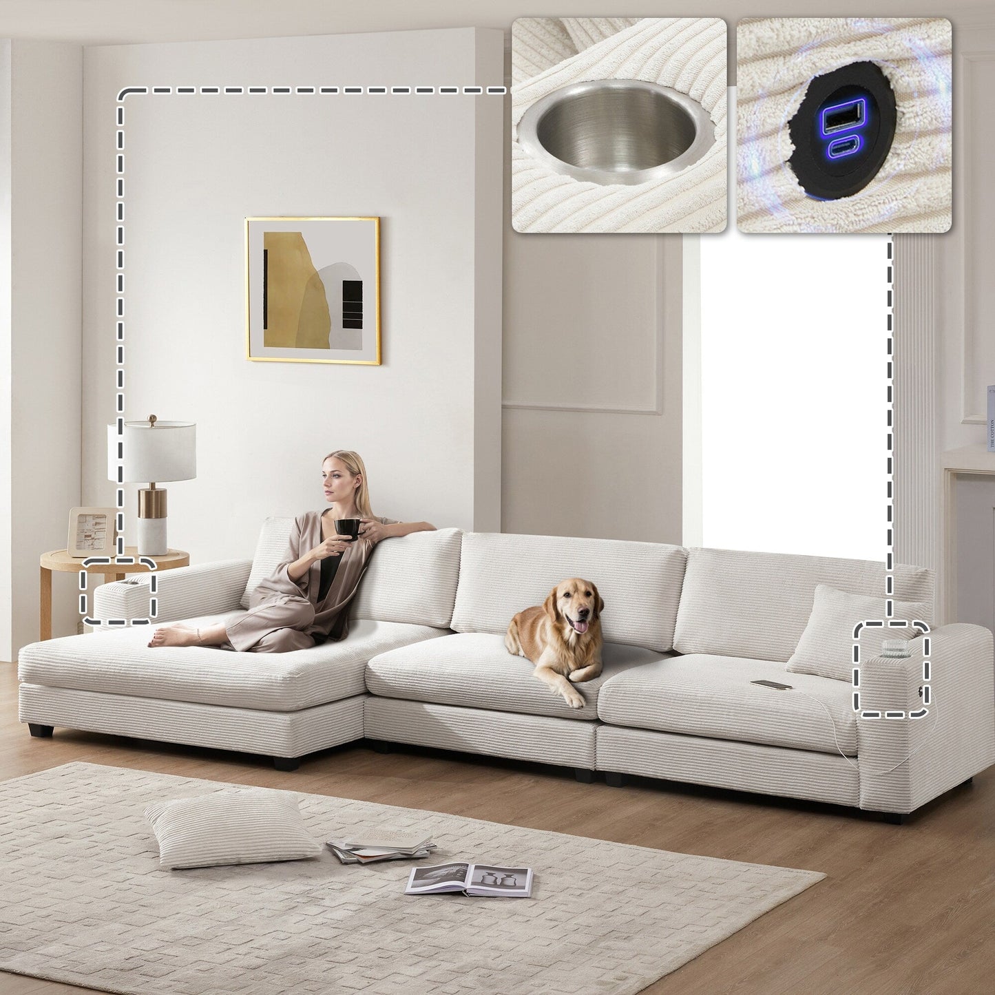 Canapé sectionnel en velours côtelé, canapé nuage en L avec port de chargement USB, porte-gobelet, canapé-lit à assise profonde avec méridienne de 50 cm