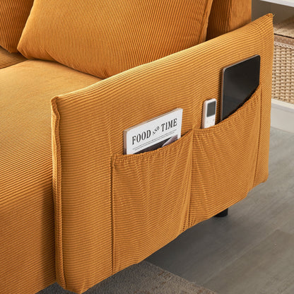 Canapé inclinable en velours côtelé avec pieds fuselés en métal, canapé long avec 3 coussins assortis et poches latérales pour le salon