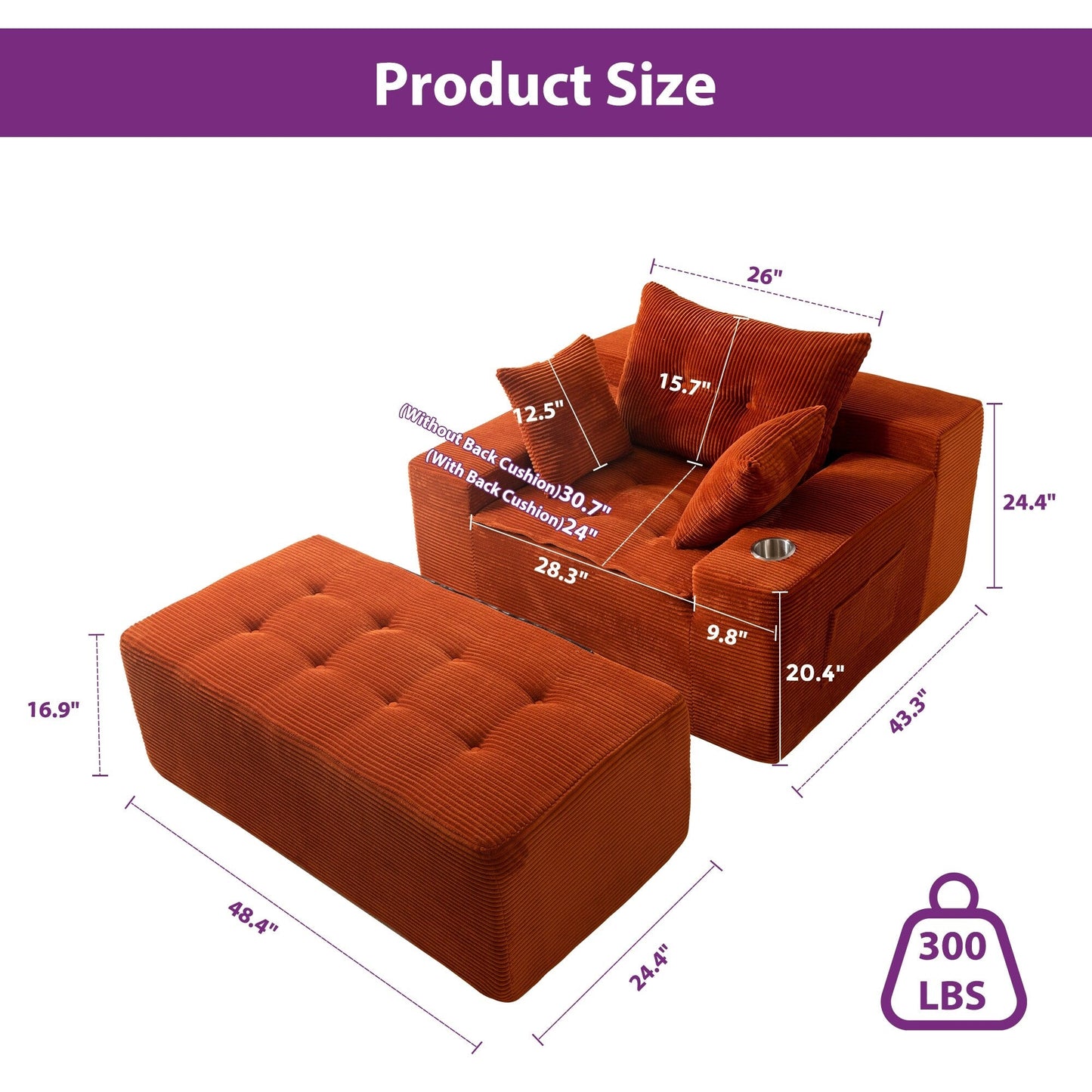 Canapé pouf rembourré en velours côtelé et mousse à mémoire de forme avec pouf - 48,4 L x 67,7 l x 24,4 H