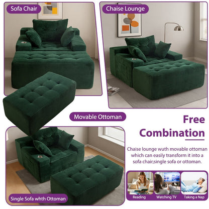 Canapé pouf rembourré en velours côtelé et mousse à mémoire de forme avec pouf - 48,4 L x 67,7 l x 24,4 H