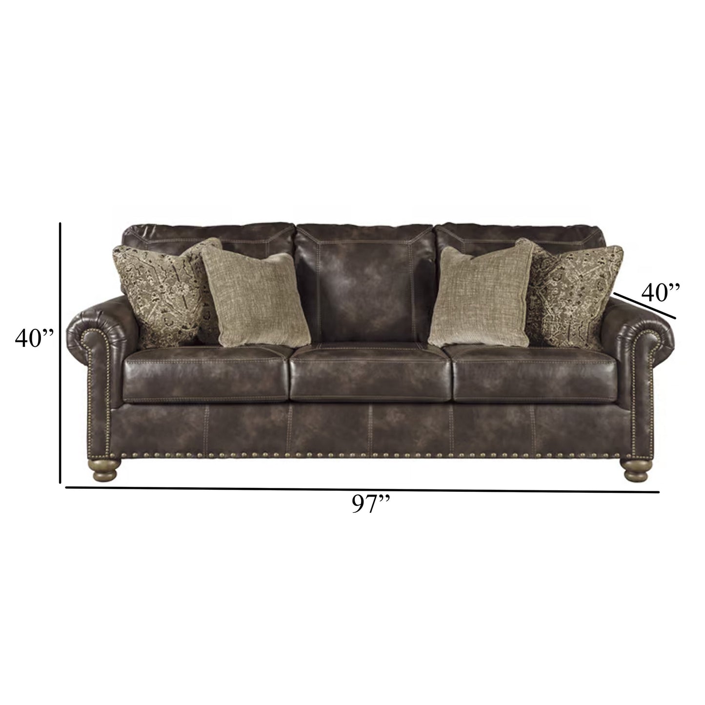 Canapé Corvo, similicuir marron café, 4 coussins décoratifs, 97 pouces