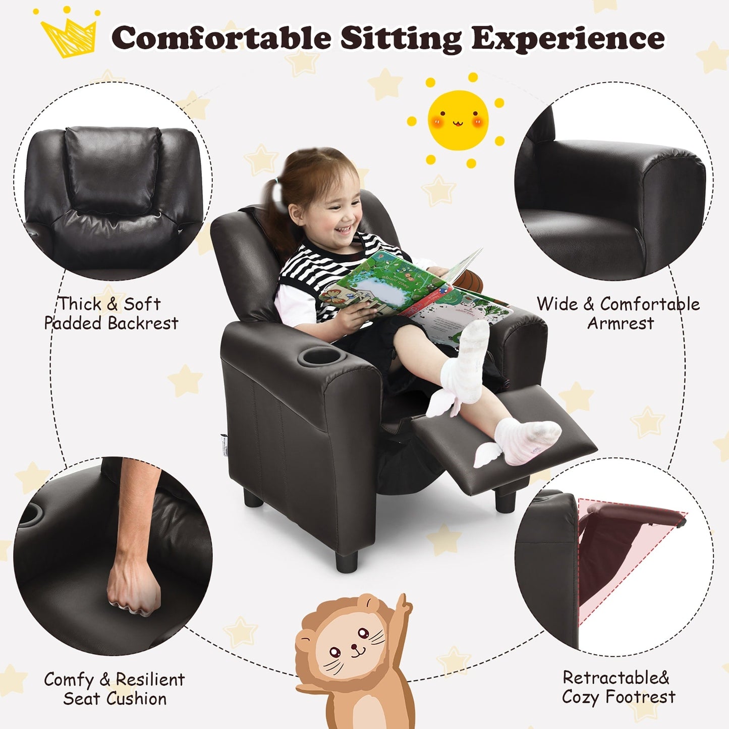 Fauteuil inclinable pour enfants Costway en cuir synthétique avec accoudoirs et repose-pieds