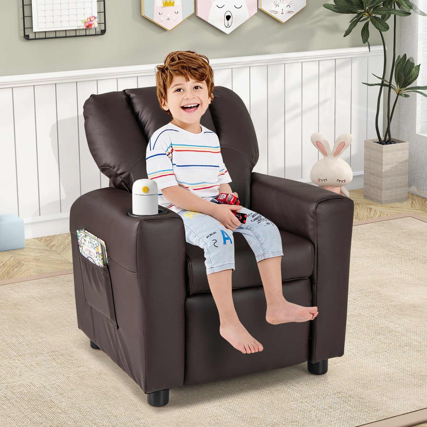 Fauteuil inclinable pour enfants Costway avec porte-gobelet et poche latérale réglable