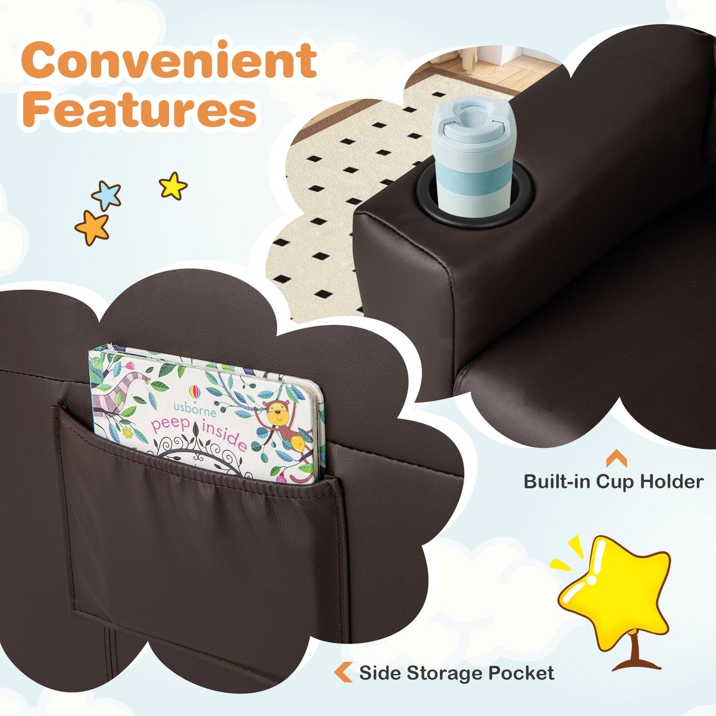 Fauteuil inclinable pour enfants Costway avec porte-gobelet et poche latérale réglable