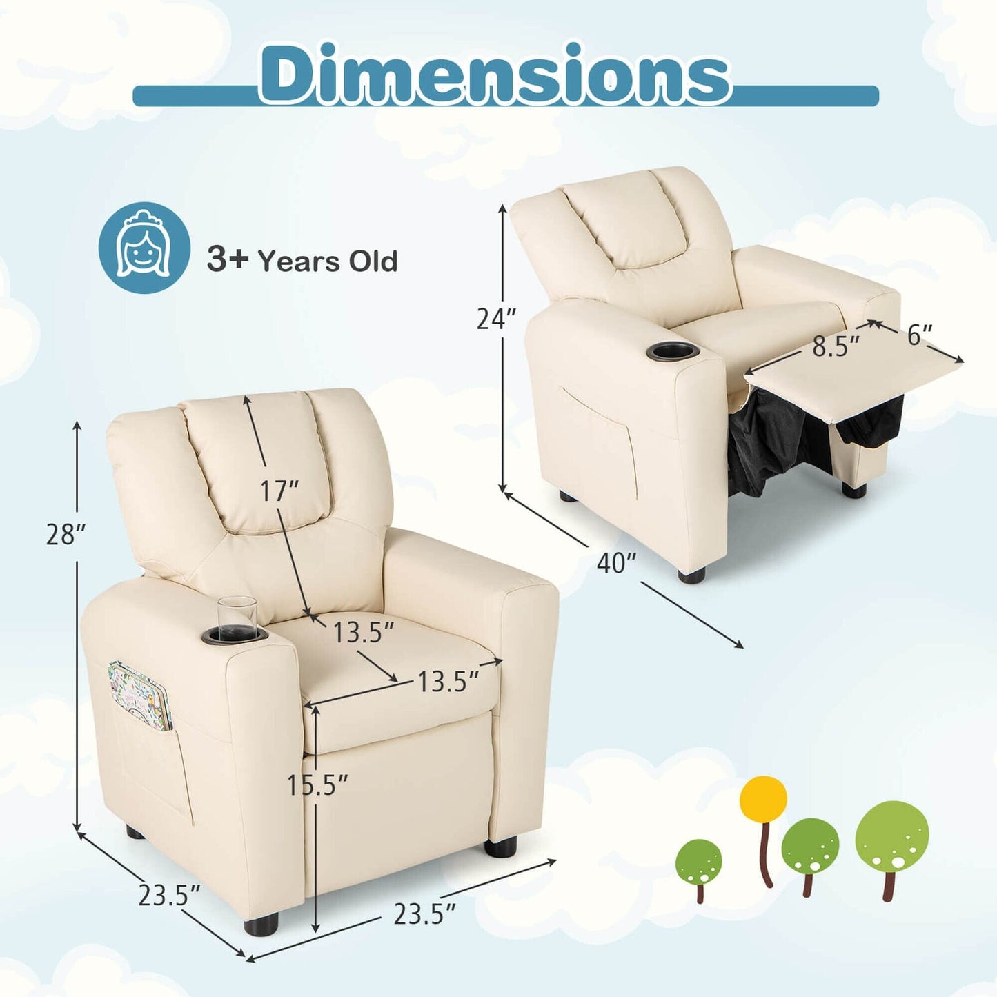 Fauteuil inclinable pour enfants Costway avec porte-gobelet et poche latérale réglable