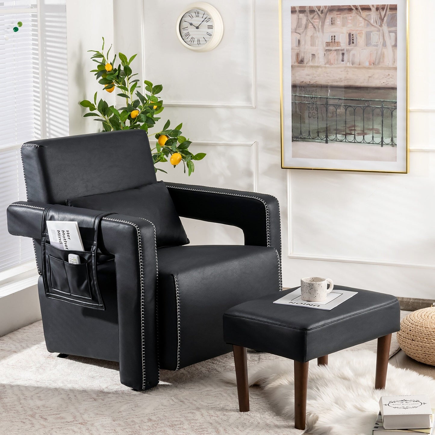 Fauteuil simple en polaire berbère moderne Costway avec pouf et ceinture - 31'' x 31'' x 34,5''