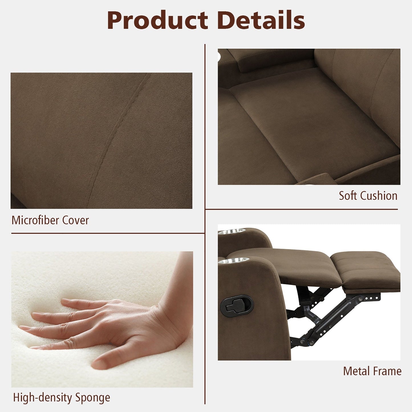 Fauteuil inclinable Costway, canapé simple, avec rangement pour accoudoirs et tasse