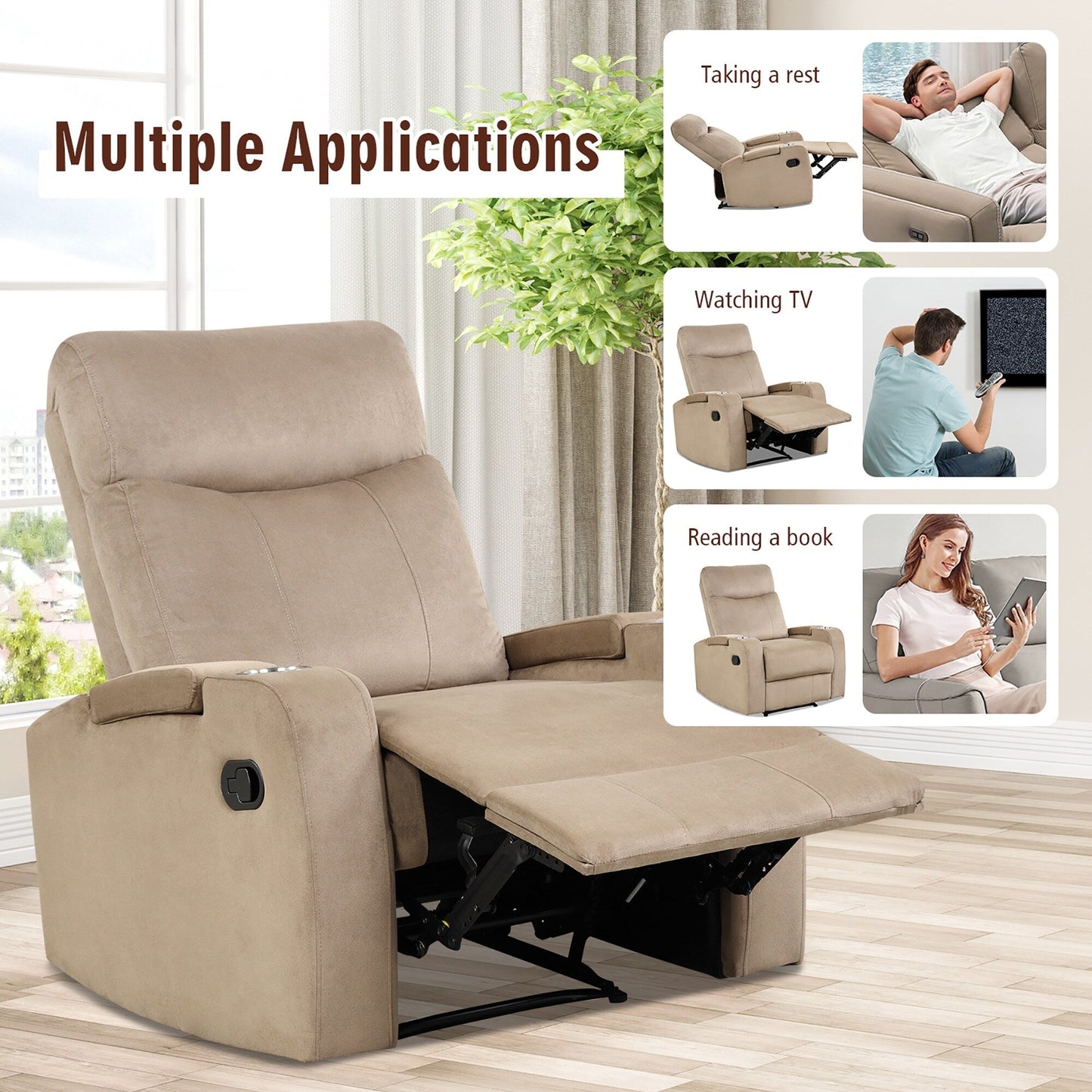 Fauteuil inclinable Costway, canapé simple, avec rangement pour accoudoirs et tasse