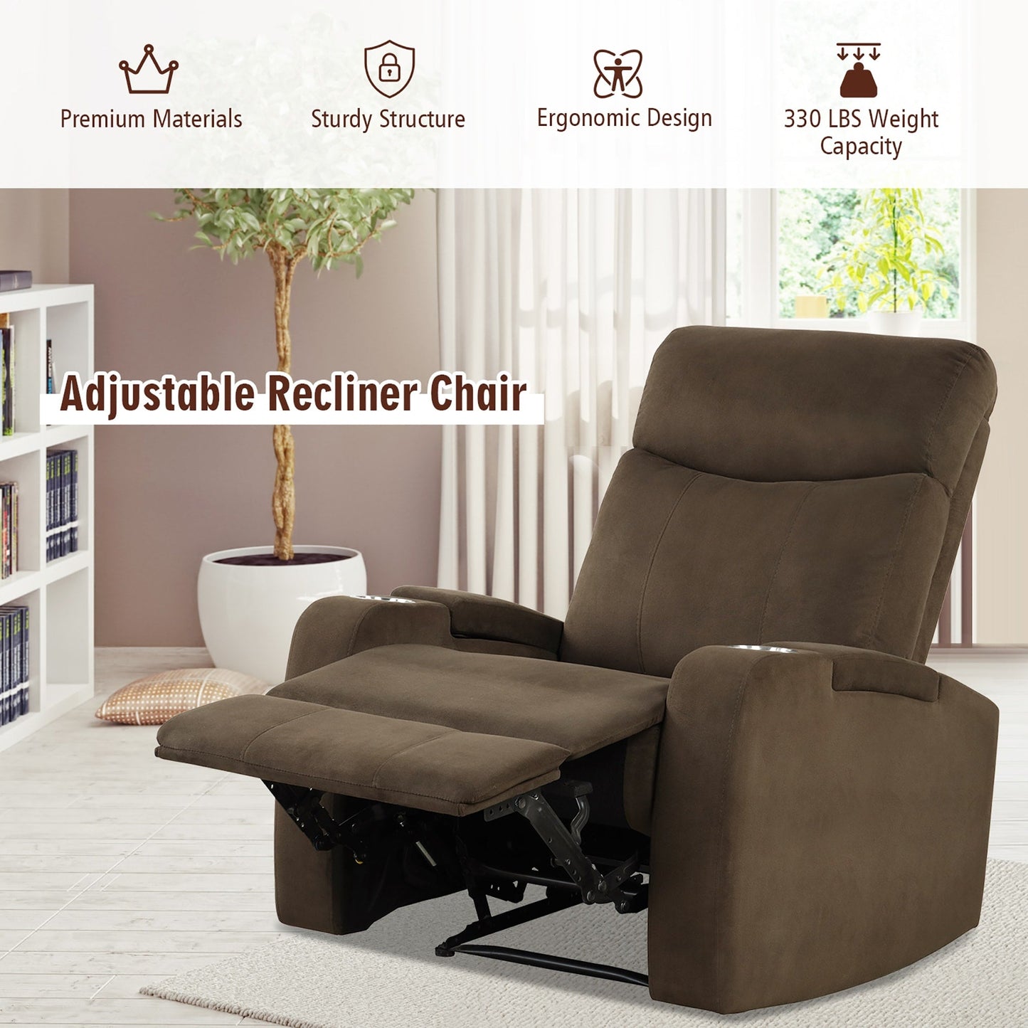 Fauteuil inclinable Costway, canapé simple, avec rangement pour accoudoirs et tasse