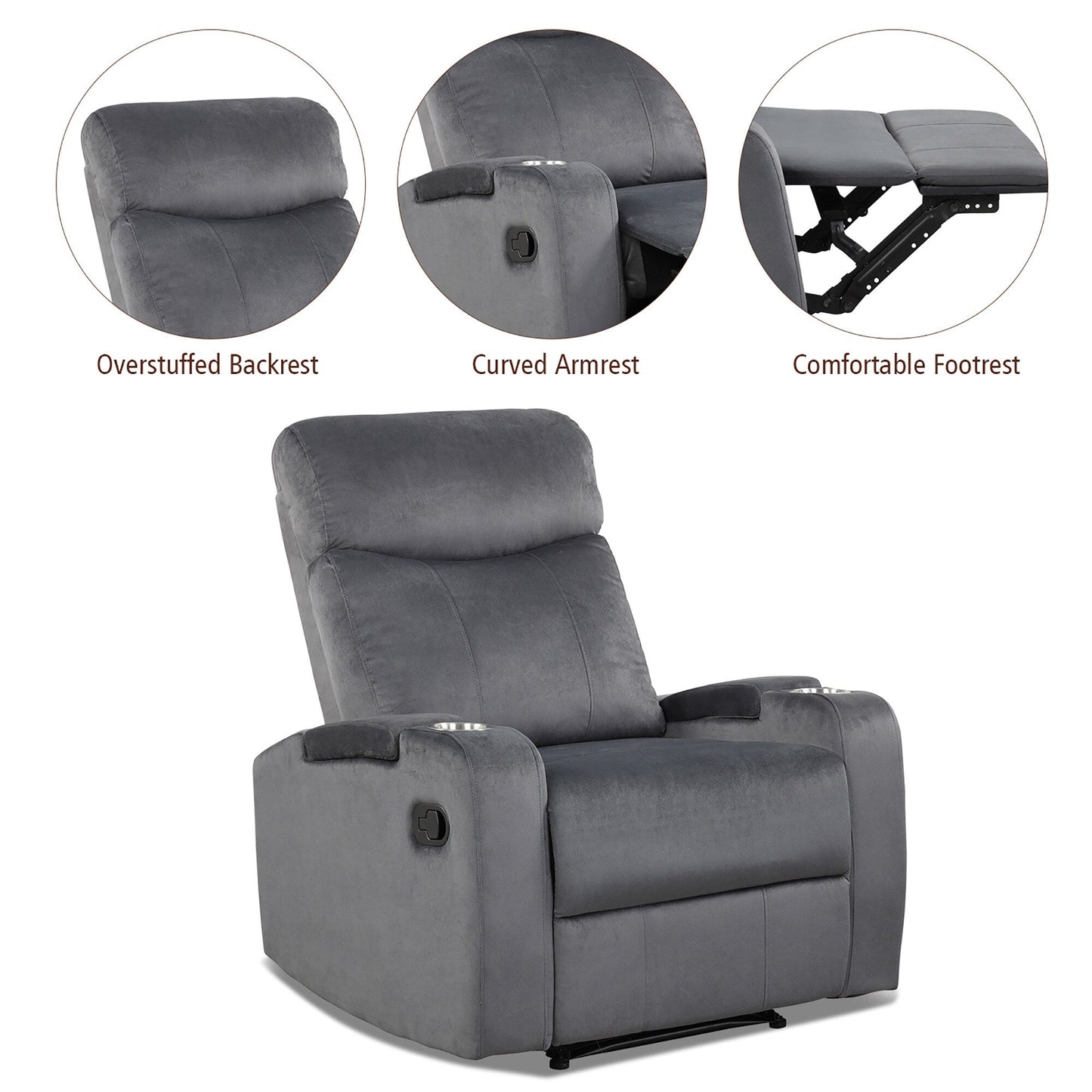Fauteuil inclinable Costway, canapé simple, avec rangement pour accoudoirs et tasse
