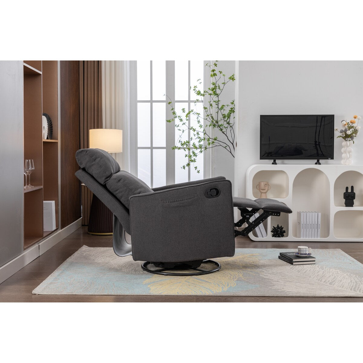 Fauteuil à bascule pivotant en coton et lin, fauteuil inclinable avec dossier réglable et repose-pieds pour chambre d'enfant