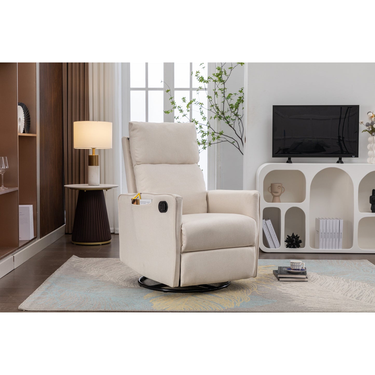 Fauteuil à bascule pivotant en coton et lin avec dossier et repose-pieds réglables