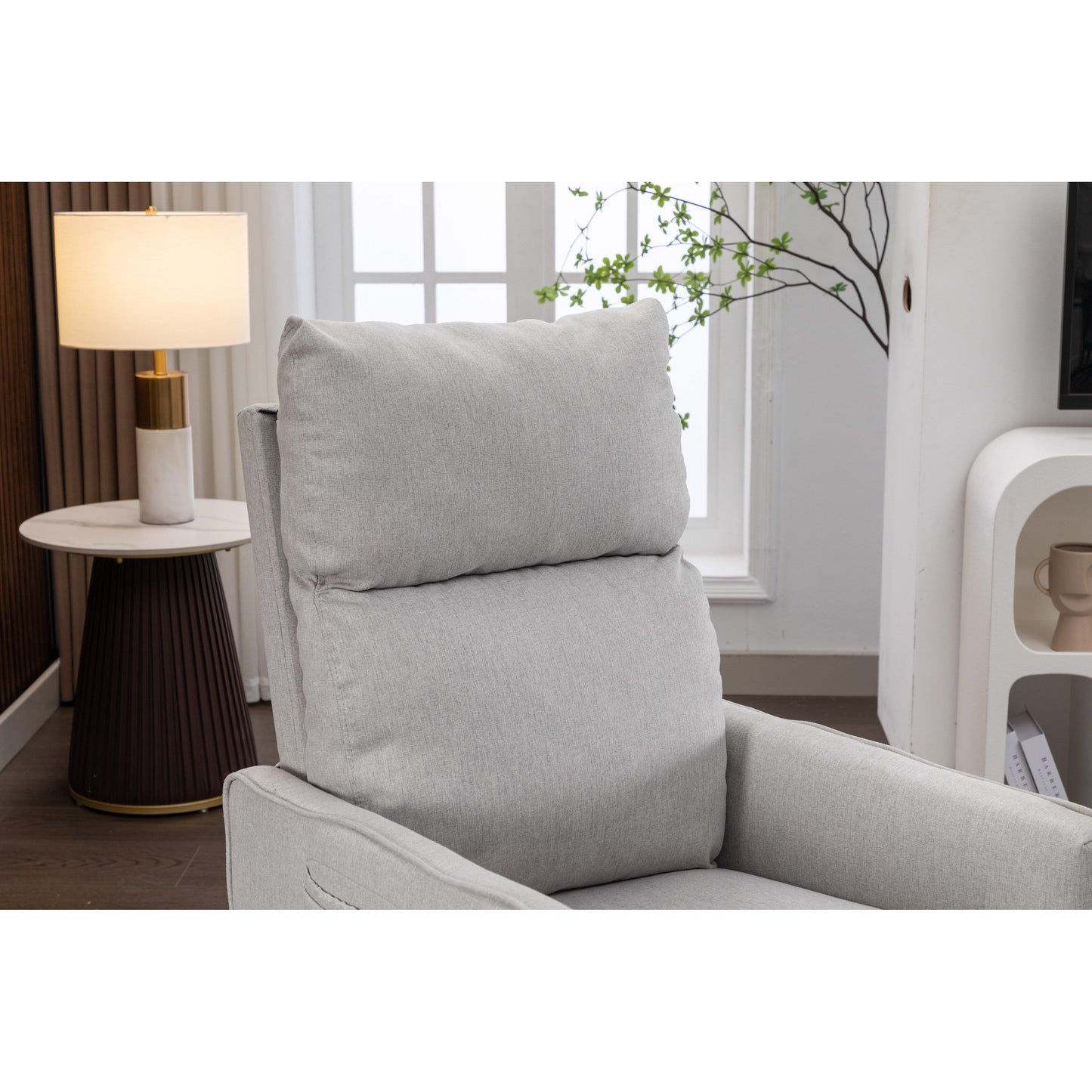 Fauteuil à bascule pivotant en coton et lin avec dossier et repose-pieds réglables