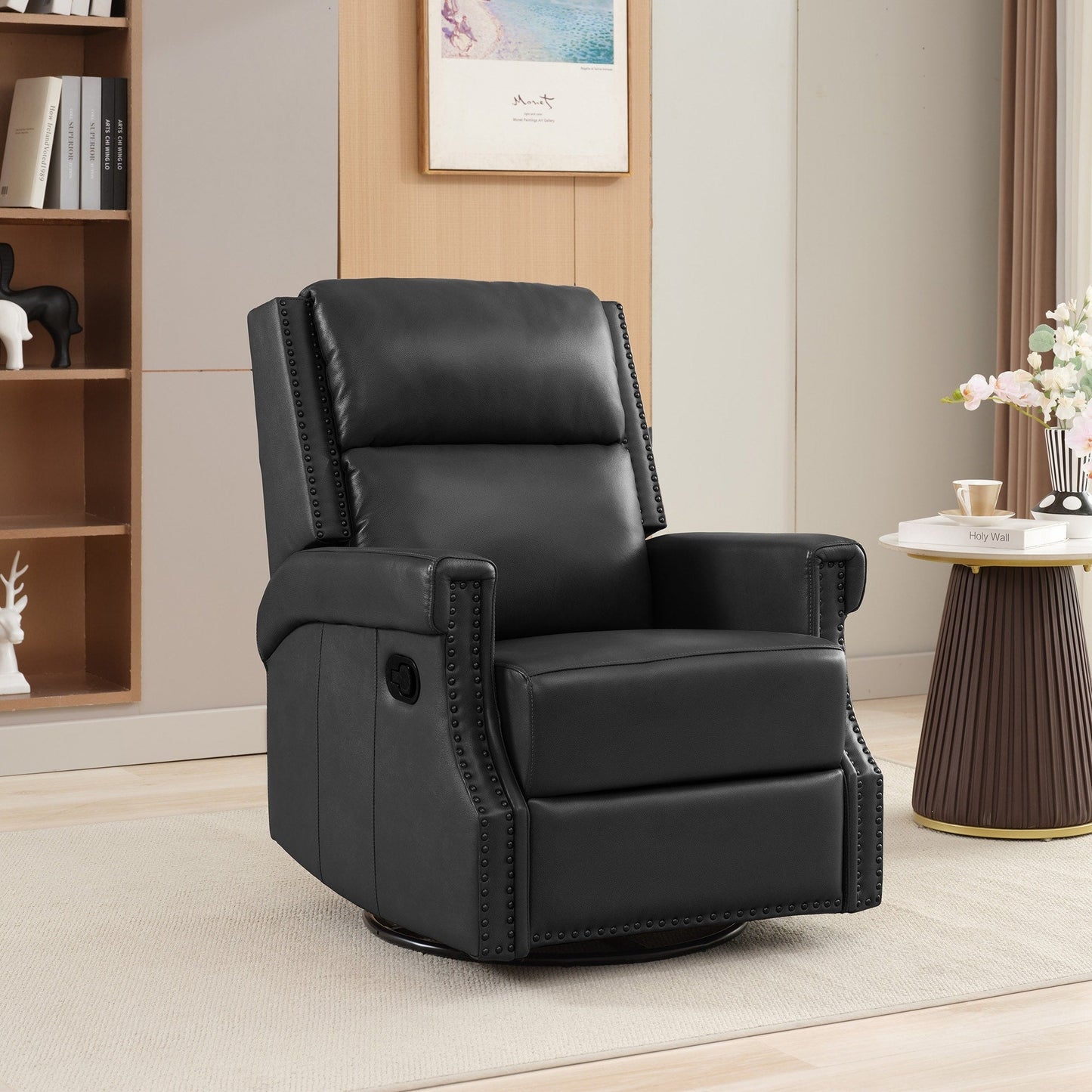 Fauteuil inclinable à bascule manuel en cuir véritable avec base pivotante en métal à 360 degrés