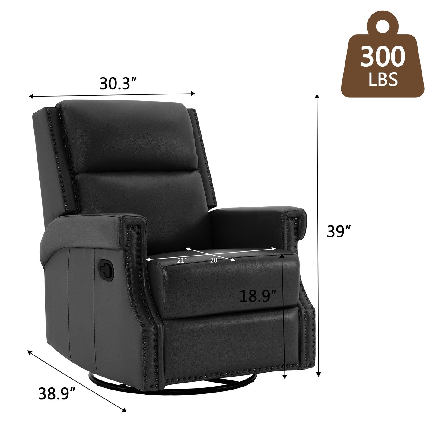 Fauteuil inclinable à bascule manuel en cuir véritable avec base pivotante en métal à 360 degrés