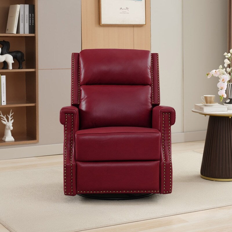 Fauteuil inclinable à bascule manuel en cuir véritable avec base pivotante en métal à 360 degrés