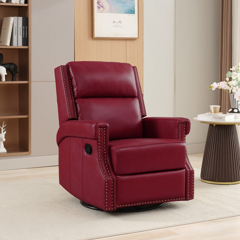 Fauteuil inclinable à bascule manuel en cuir véritable avec base pivotante en métal à 360 degrés
