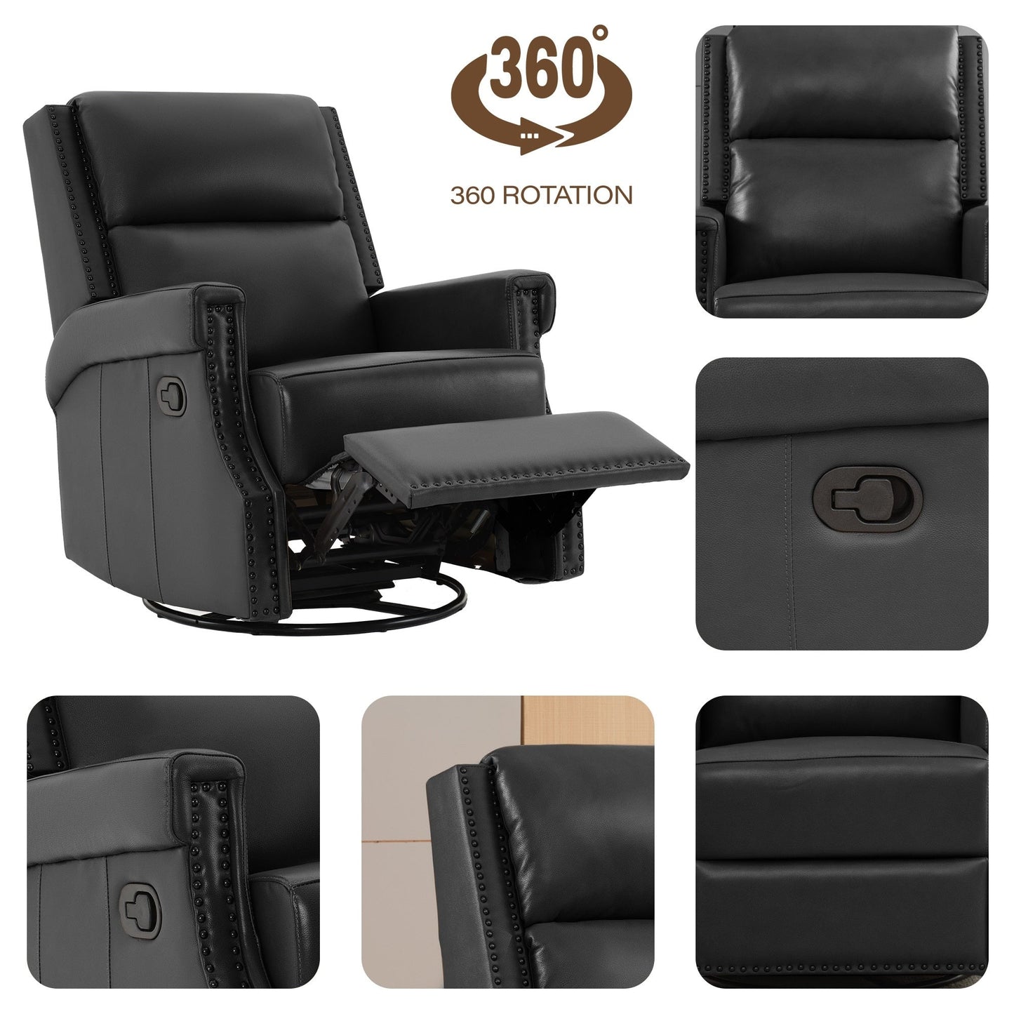 Fauteuil inclinable à bascule manuel en cuir véritable avec base pivotante en métal à 360 degrés