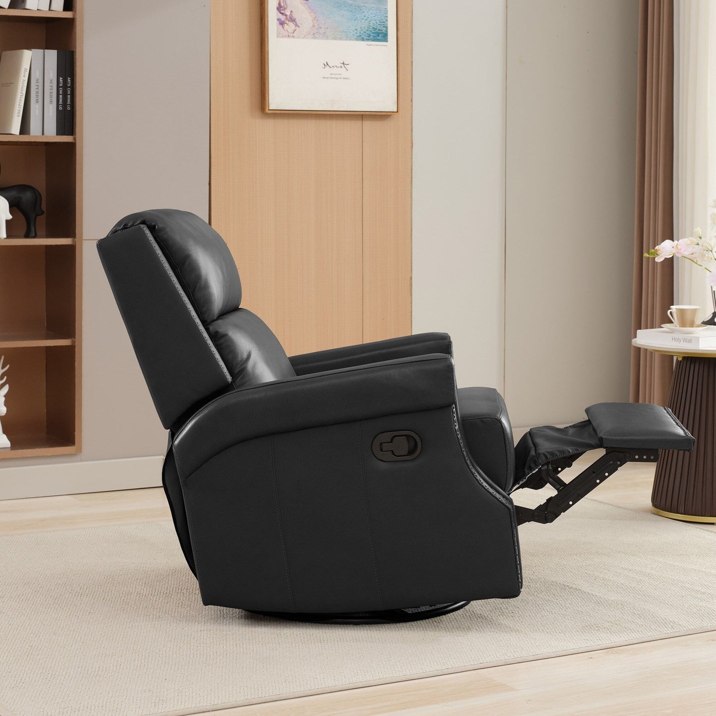 Fauteuil inclinable à bascule manuel en cuir véritable avec base pivotante en métal à 360 degrés