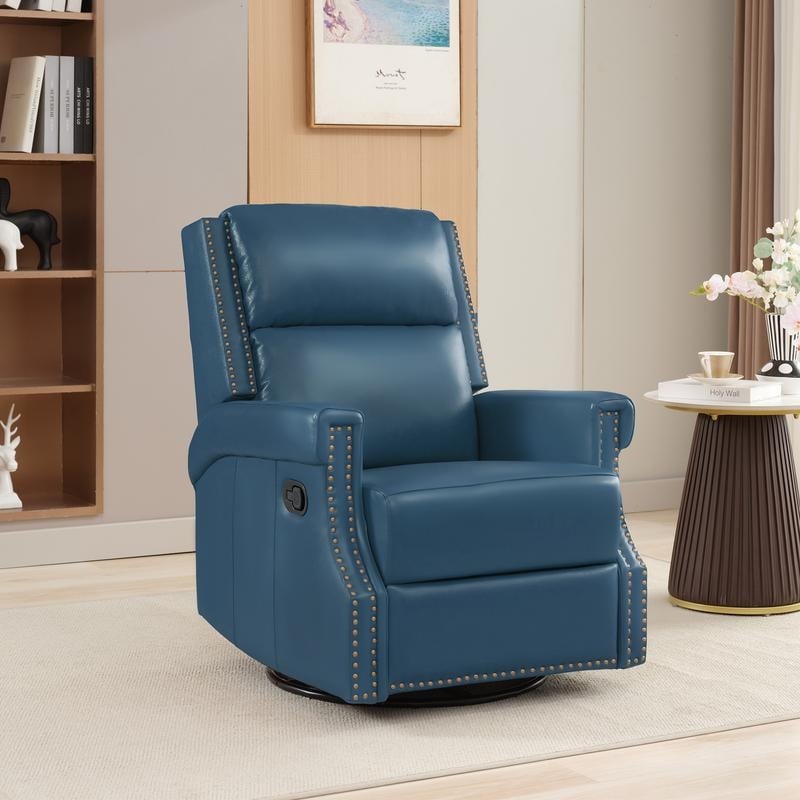 Fauteuil inclinable à bascule manuel en cuir véritable avec base pivotante en métal à 360 degrés