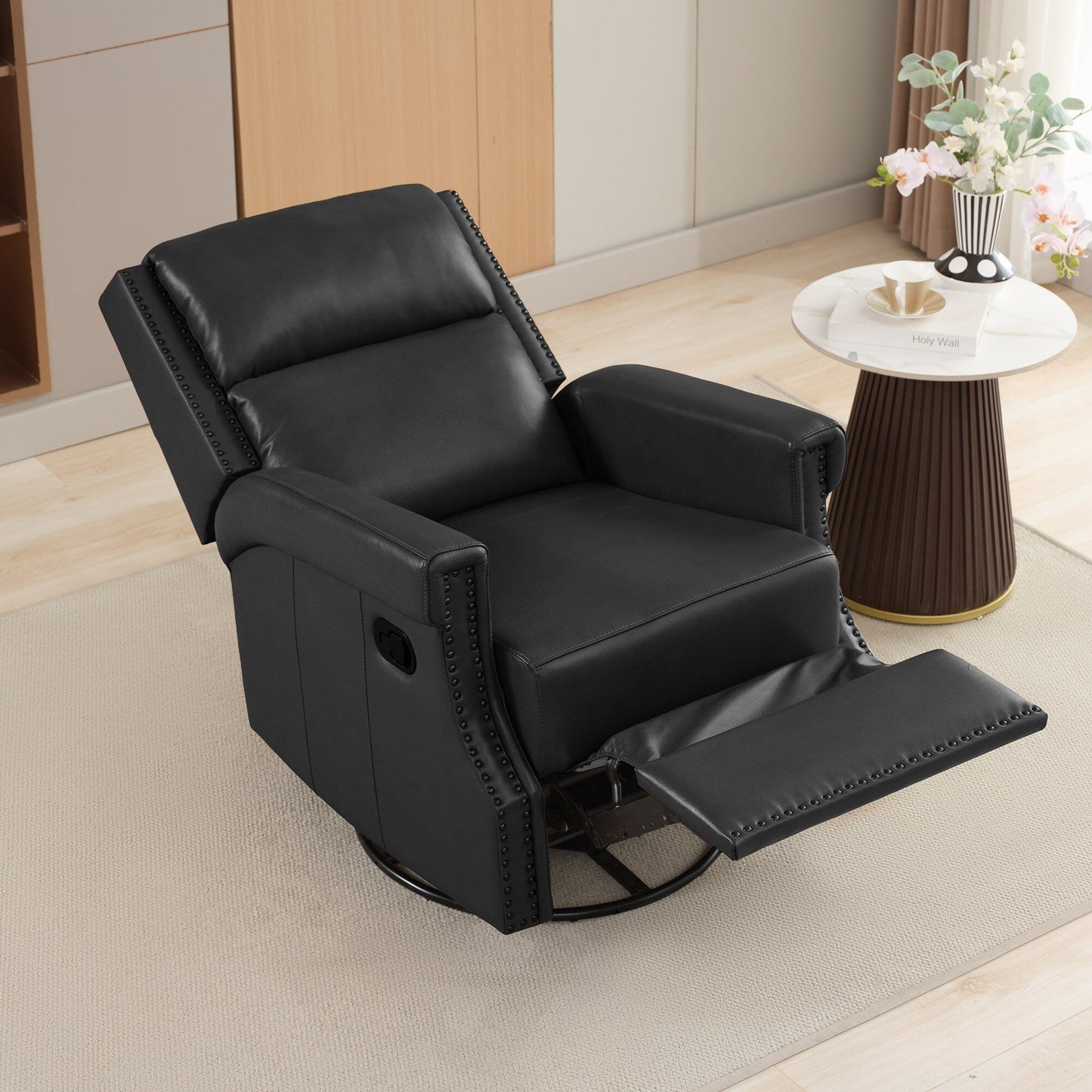 Fauteuil inclinable à bascule manuel en cuir véritable avec base pivotante en métal à 360 degrés