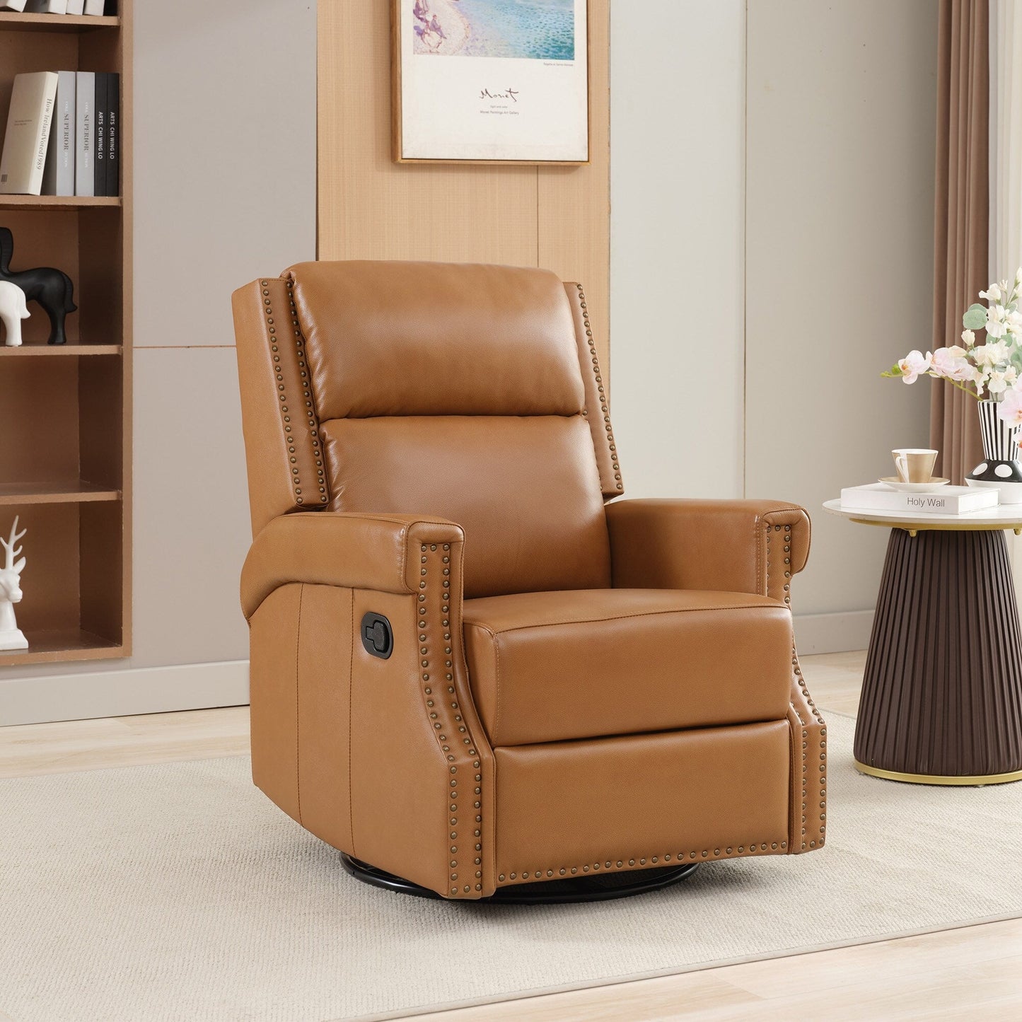 Fauteuil inclinable à bascule manuel en cuir véritable avec base pivotante en métal à 360 degrés
