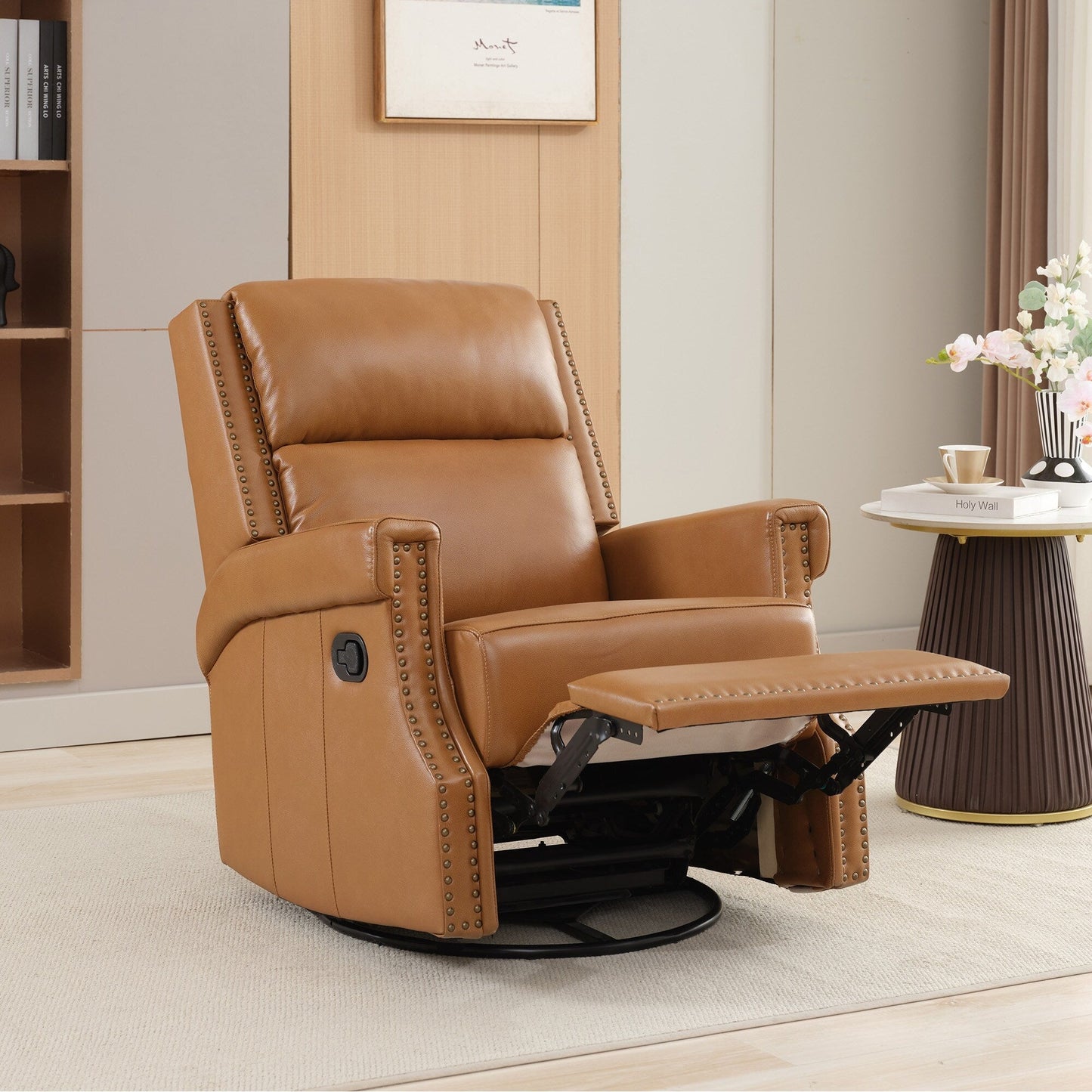 Fauteuil inclinable à bascule manuel en cuir véritable avec base pivotante en métal à 360 degrés