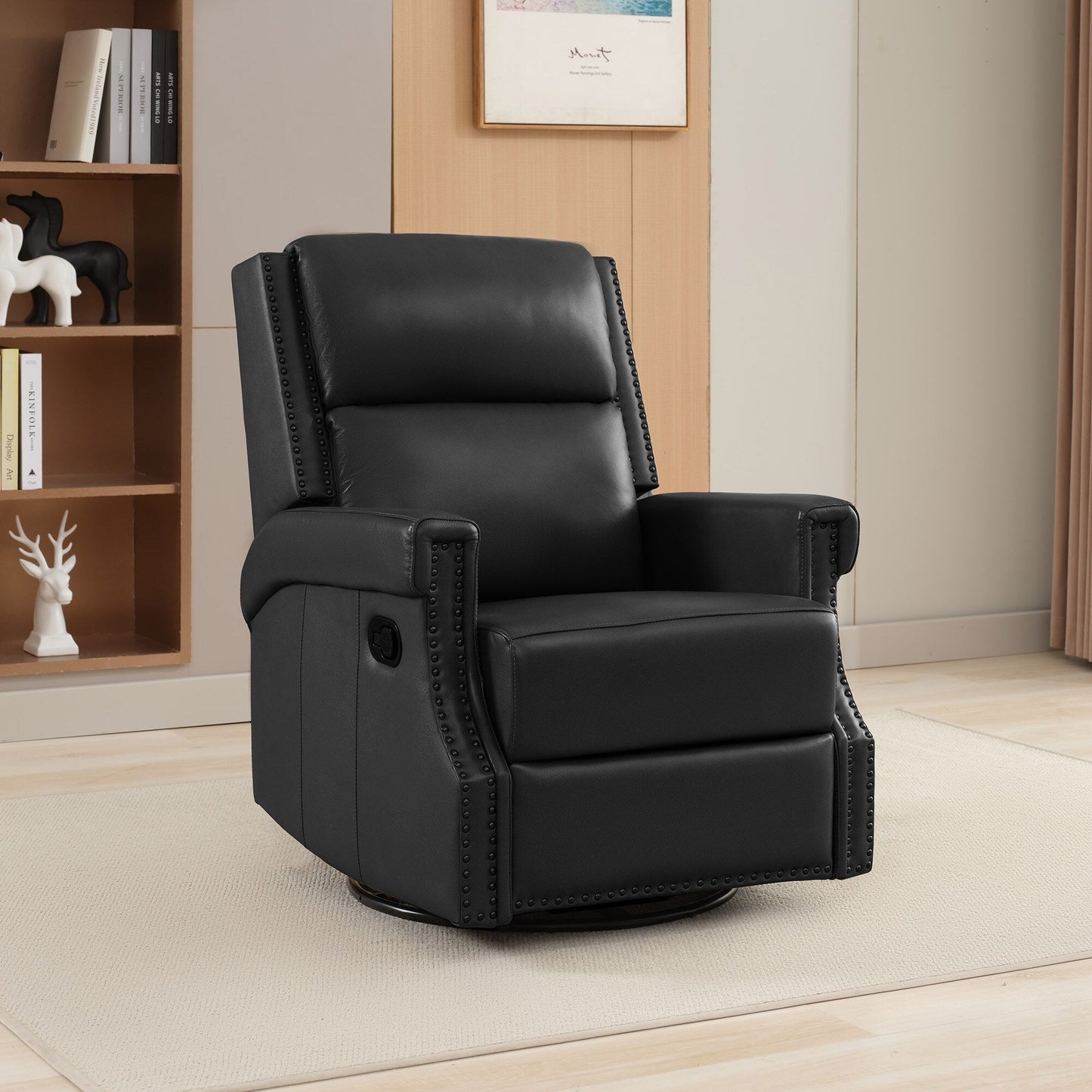 Fauteuil inclinable à bascule manuel en cuir véritable avec base pivotante en métal à 360 degrés