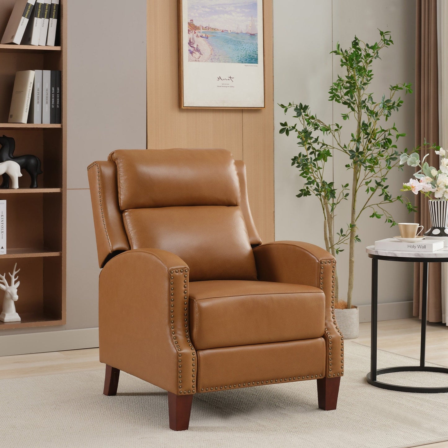 Fauteuil inclinable en cuir véritable avec dossier multi-angles et pieds en bois massif