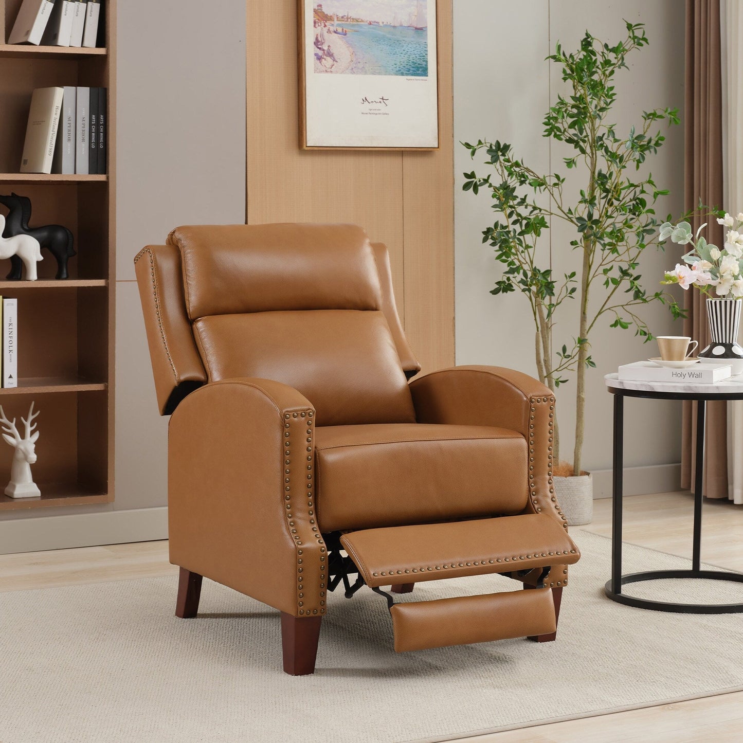 Fauteuil inclinable en cuir véritable avec dossier multi-angles et pieds en bois massif