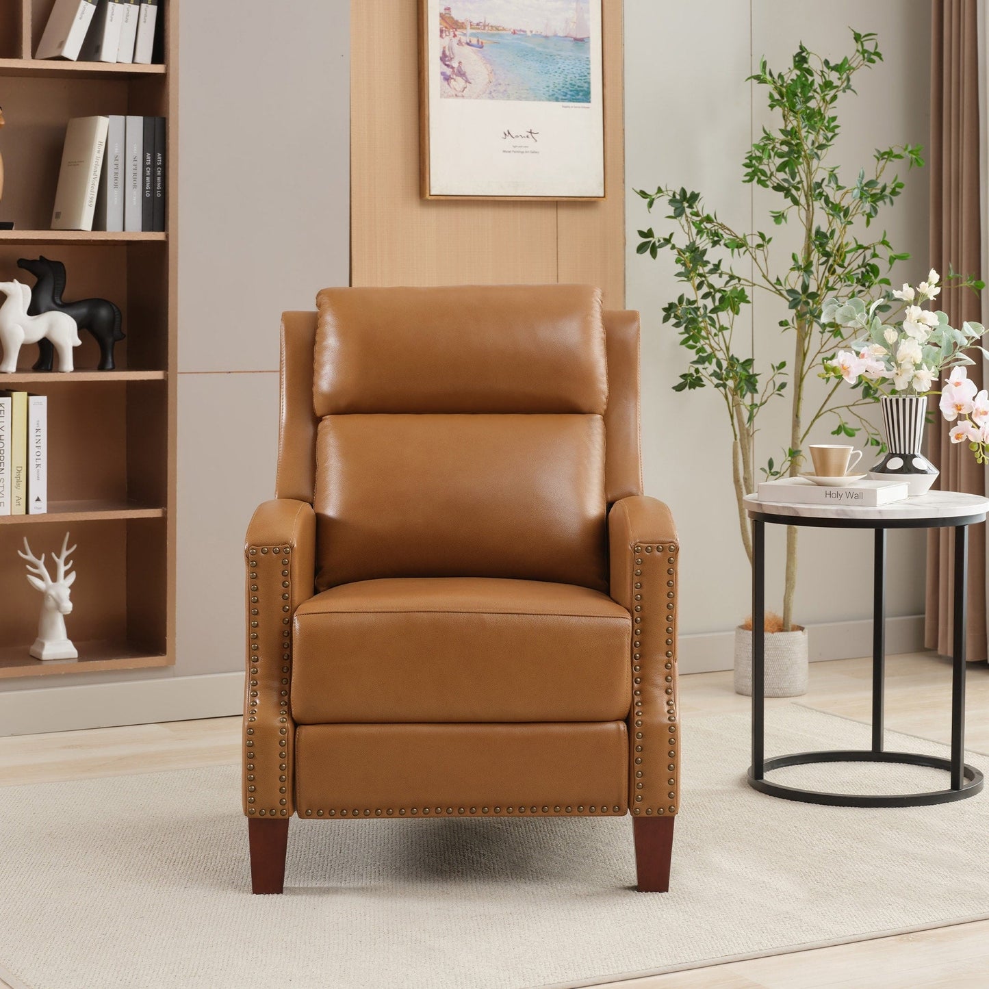 Fauteuil inclinable en cuir véritable avec dossier multi-angles et pieds en bois massif