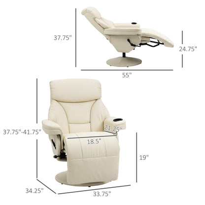 Fauteuil inclinable pivotant en similicuir crème avec repose-pieds manuel, porte-gobelet, rangement latéral et inclinaison à 135°