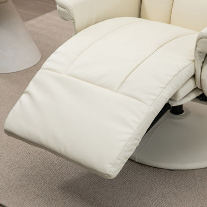 Fauteuil inclinable pivotant en similicuir crème avec repose-pieds manuel, porte-gobelet, rangement latéral et inclinaison à 135°