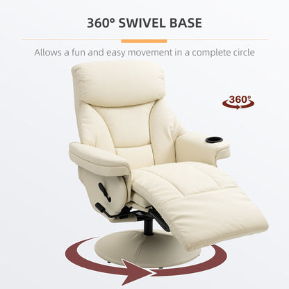 Fauteuil inclinable pivotant en similicuir crème avec repose-pieds manuel, porte-gobelet, rangement latéral et inclinaison à 135°