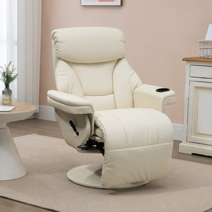 Fauteuil inclinable pivotant en similicuir crème avec repose-pieds manuel, porte-gobelet, rangement latéral et inclinaison à 135°