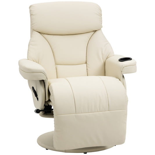 Fauteuil inclinable pivotant en similicuir crème avec repose-pieds manuel, porte-gobelet, rangement latéral et inclinaison à 135°