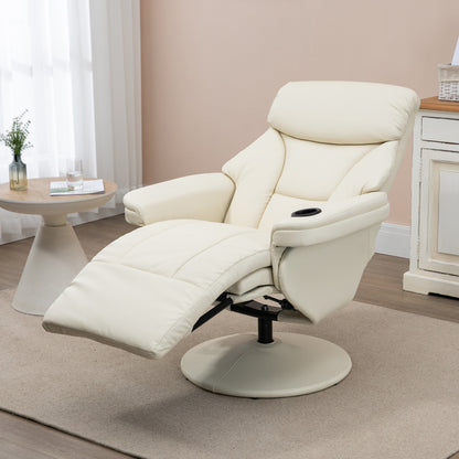 Fauteuil inclinable pivotant en similicuir crème avec repose-pieds manuel, porte-gobelet, rangement latéral et inclinaison à 135°
