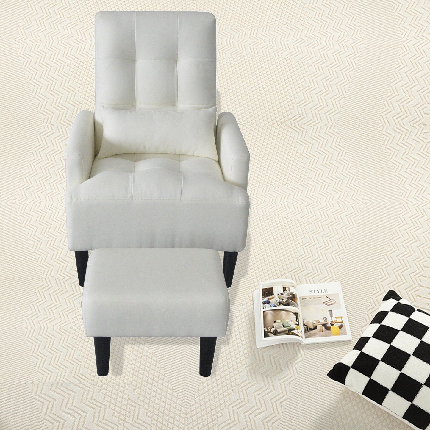 Fauteuil de salon multifonction rembourré à dossier haut, couleur blanc crème, 26,77 po, avec pouf