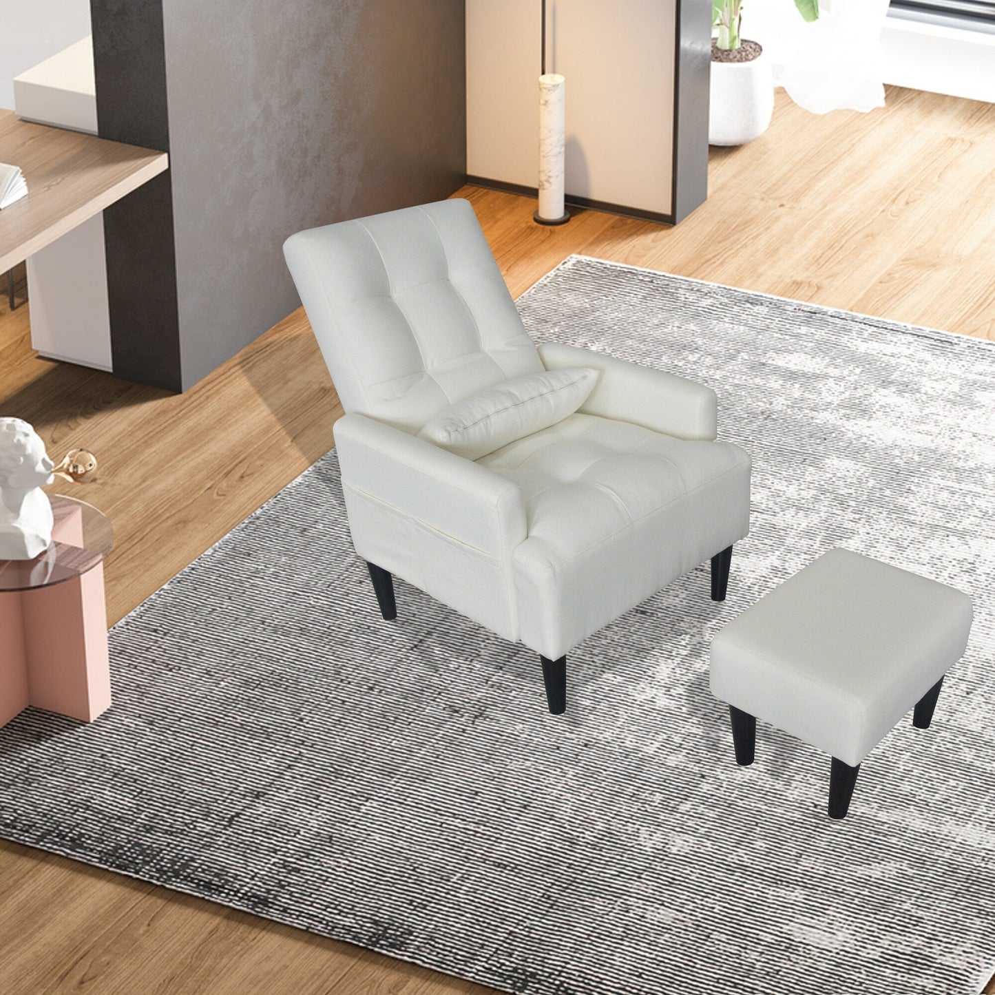 Fauteuil de salon multifonction rembourré à dossier haut, couleur blanc crème, 26,77 po, avec pouf